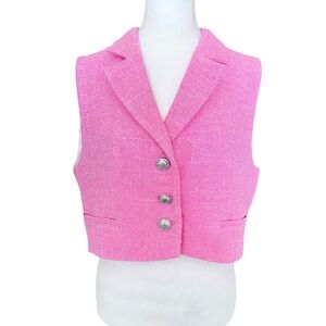 Zara Pink Tweed Crop Dress Vest Pink Satin Lined Silver Button Faux Front Pocket